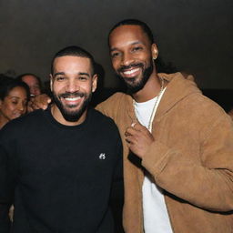 A friendly scene with the renowned musicians, Drake and Snoop Dogg, where Drake is playfully touching Snoop Dogg's shoulder. Both are smiling and look relaxed, displaying their camaraderie.