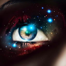 Close-up of an eye reflecting the vast expanse of the universe, filled with galaxies, nebulae, and stars, creating a mesmerizing depiction of cosmic beauty.