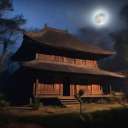 A haunted Acehnese house at night, surrounded by eerie mist and dimly lit by a full moon