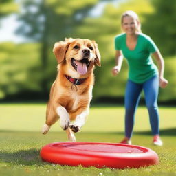 A vibrant and engaging image showcasing a happy and energetic dog in a training session with its owner