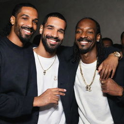 A friendly scene with the renowned musicians, Drake and Snoop Dogg, where Drake is playfully touching Snoop Dogg's shoulder. Both are smiling and look relaxed, displaying their camaraderie.