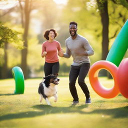 A vibrant and engaging image showcasing a happy and energetic dog in a training session with its owner