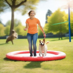 A vibrant and engaging image showcasing a happy and energetic dog in a training session with its owner