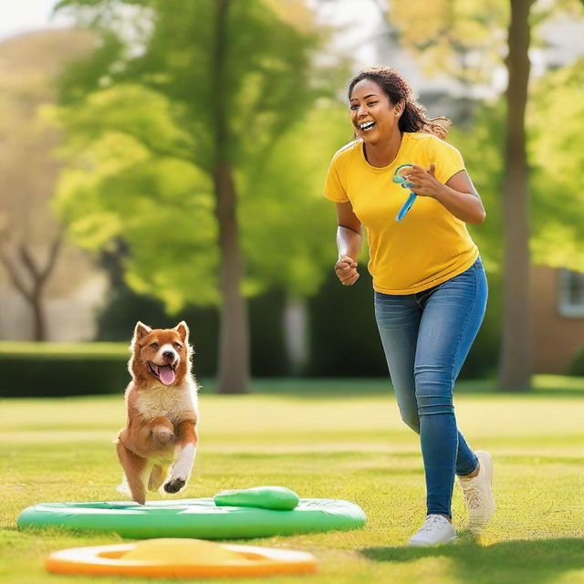 A vibrant and engaging image showcasing a happy and energetic dog in a training session with its owner