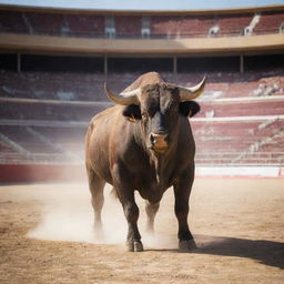 A strong, majestic bull nicknamed Toro standing in the middle of a large Spanish arena under a blazing sun.