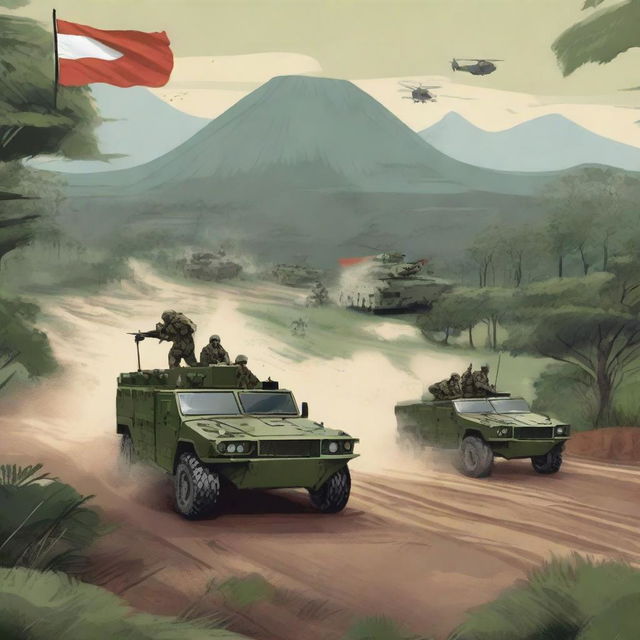 A detailed illustration of the Indonesian military in action, showcasing soldiers in uniform, military vehicles, and the national flag