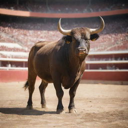 A strong, majestic bull nicknamed Toro standing in the middle of a large Spanish arena under a blazing sun.