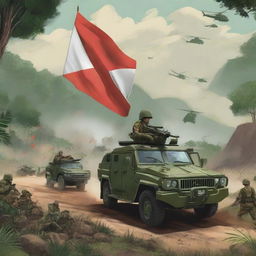 A detailed illustration of the Indonesian military in action, showcasing soldiers in uniform, military vehicles, and the national flag