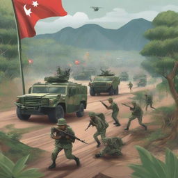 A detailed illustration of the Indonesian military in action, showcasing soldiers in uniform, military vehicles, and the national flag