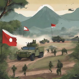 A detailed illustration of the Indonesian military in action, showcasing soldiers in uniform, military vehicles, and the national flag