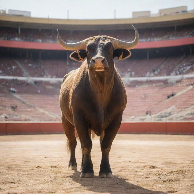 A strong, majestic bull nicknamed Toro standing in the middle of a large Spanish arena under a blazing sun.