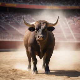 A strong, majestic bull nicknamed Toro standing in the middle of a large Spanish arena under a blazing sun.