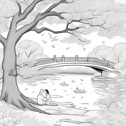 A coloring book page featuring a couple sitting on a blanket under a large cherry blossom tree, with petals gently falling around them