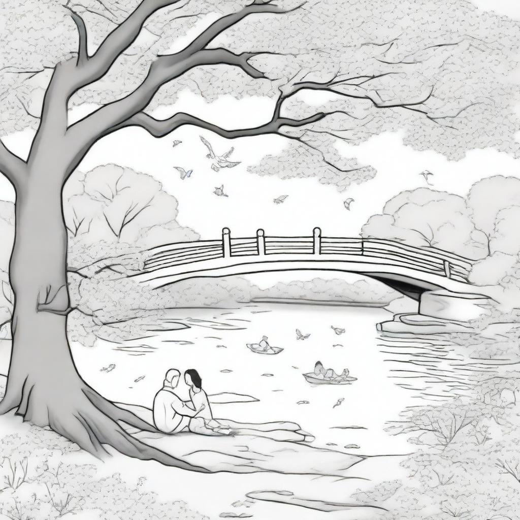 A coloring book page featuring a couple sitting on a blanket under a large cherry blossom tree, with petals gently falling around them
