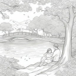 A coloring book page featuring a couple sitting on a blanket under a large cherry blossom tree, with petals gently falling around them