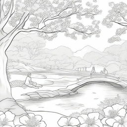 A coloring book page featuring a couple sitting on a blanket under a large cherry blossom tree, with petals gently falling around them