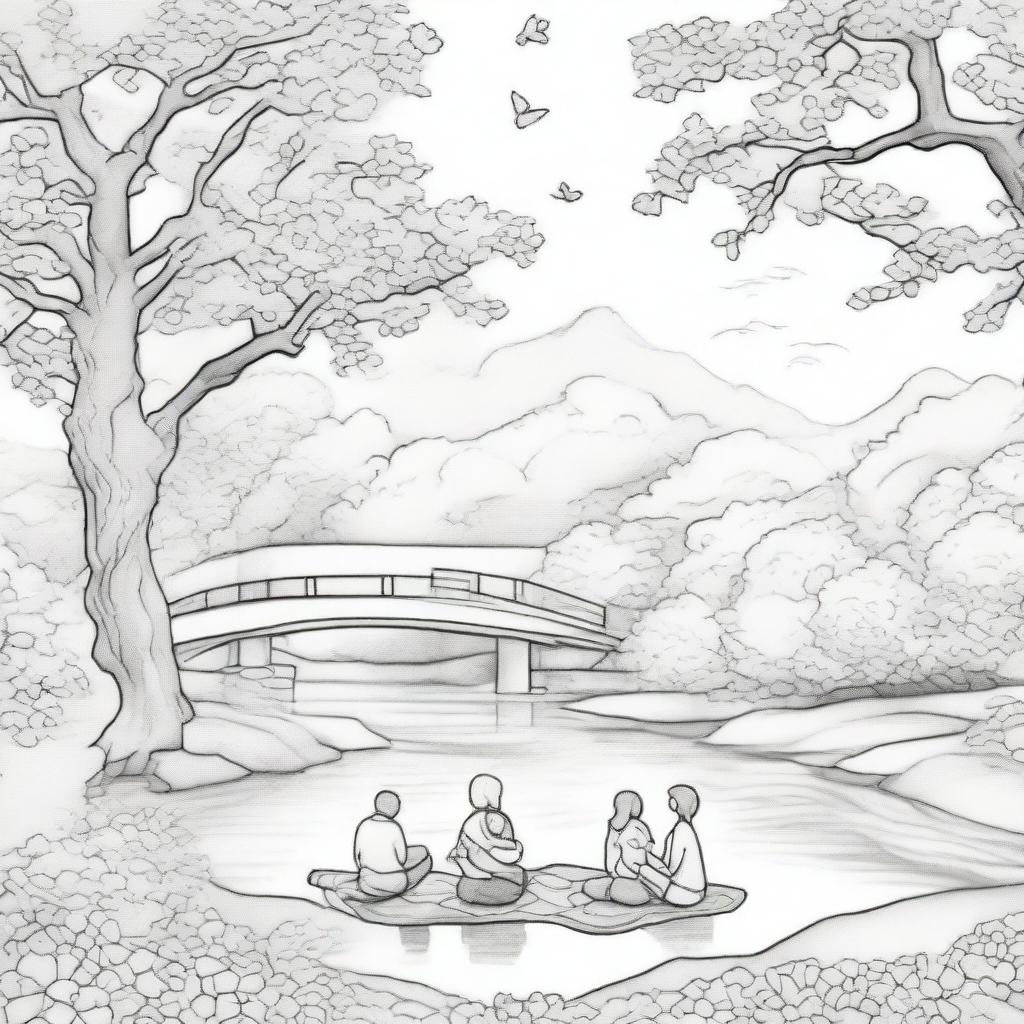 A coloring book page featuring a couple sitting on a blanket under a large cherry blossom tree, with petals gently falling around them