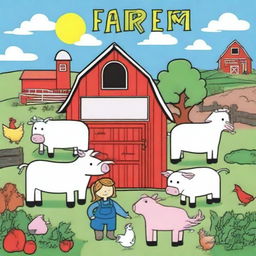 A vibrant and playful cover for a farm-themed coloring book