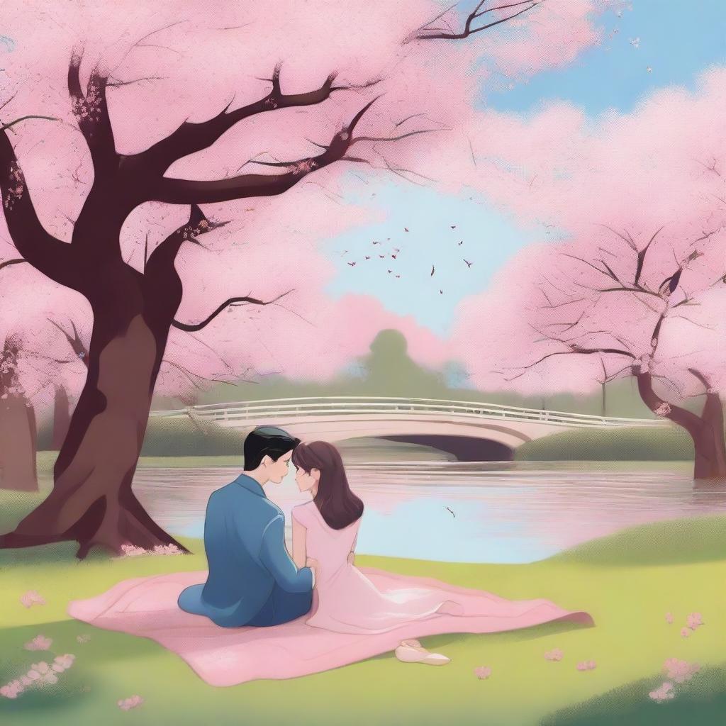 A couple sitting on a blanket under a large cherry blossom tree, with petals gently falling around them