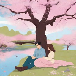 A couple sitting on a blanket under a large cherry blossom tree, with petals gently falling around them