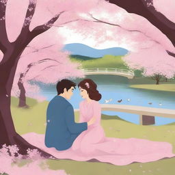 A couple sitting on a blanket under a large cherry blossom tree, with petals gently falling around them