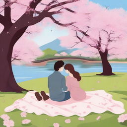 A couple sitting on a blanket under a large cherry blossom tree, with petals gently falling around them