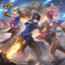 A dynamic and intense scene featuring characters from Mobile Legends: Bang Bang in a heated battle