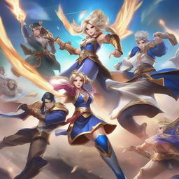 A dynamic and intense scene featuring characters from Mobile Legends: Bang Bang in a heated battle