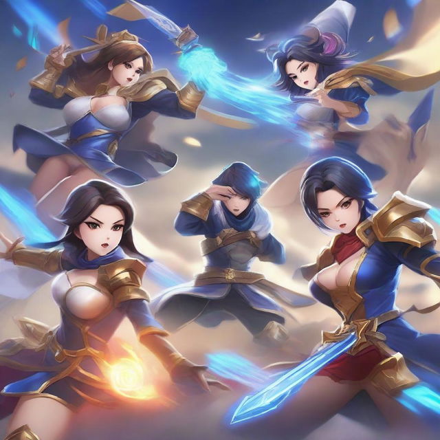 A dynamic and intense scene featuring characters from Mobile Legends: Bang Bang in a heated battle