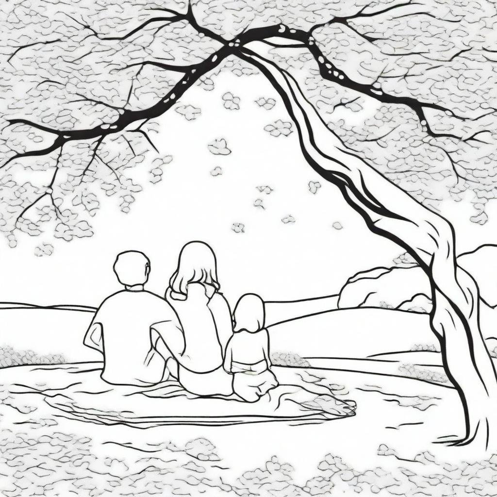 A coloring page featuring a couple sitting on a blanket under a large cherry blossom tree, with petals gently falling around them