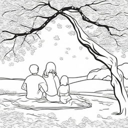 A coloring page featuring a couple sitting on a blanket under a large cherry blossom tree, with petals gently falling around them