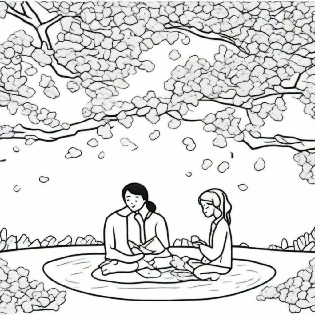 A coloring page featuring a couple sitting on a blanket under a large cherry blossom tree, with petals gently falling around them