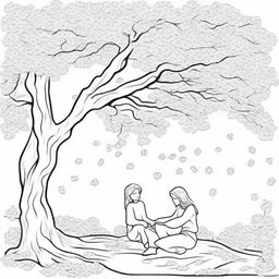 A coloring page featuring a couple sitting on a blanket under a large cherry blossom tree, with petals gently falling around them