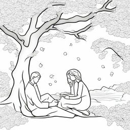 A coloring page featuring a couple sitting on a blanket under a large cherry blossom tree, with petals gently falling around them