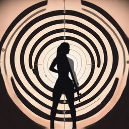 A silhouette of a woman standing in the center of a rifle target