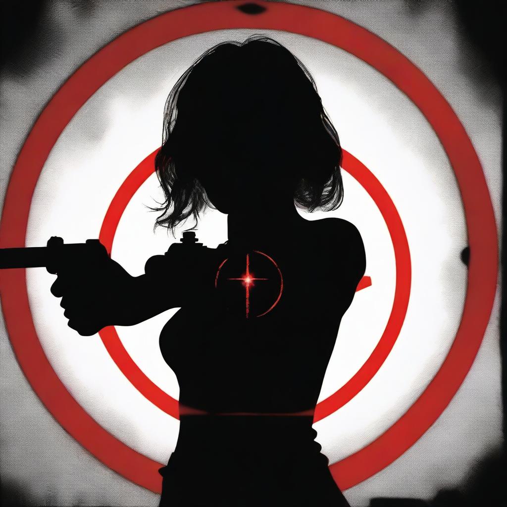 A silhouette of a woman with a suggestive pose centered in the crosshairs of a gun sight