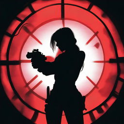 A silhouette of a woman with a suggestive pose centered in the crosshairs of a gun sight