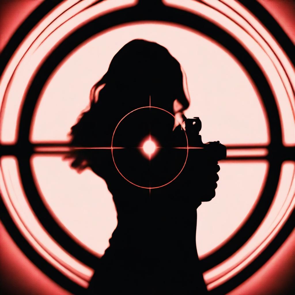 A silhouette of a woman with a suggestive pose centered in the crosshairs of a gun sight