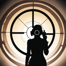 A silhouette of a woman figure centered in the crosshairs of a gun sight