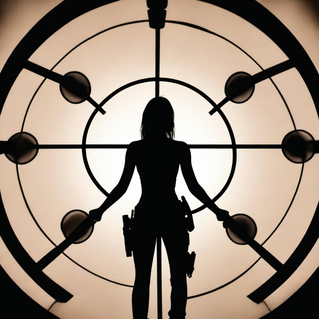 A silhouette of a woman figure centered in the crosshairs of a gun sight