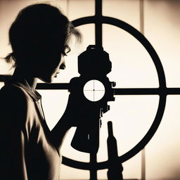 A silhouette of a woman figure centered in the crosshairs of a gun sight