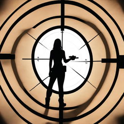 A silhouette of a woman figure centered in the crosshairs of a gun sight