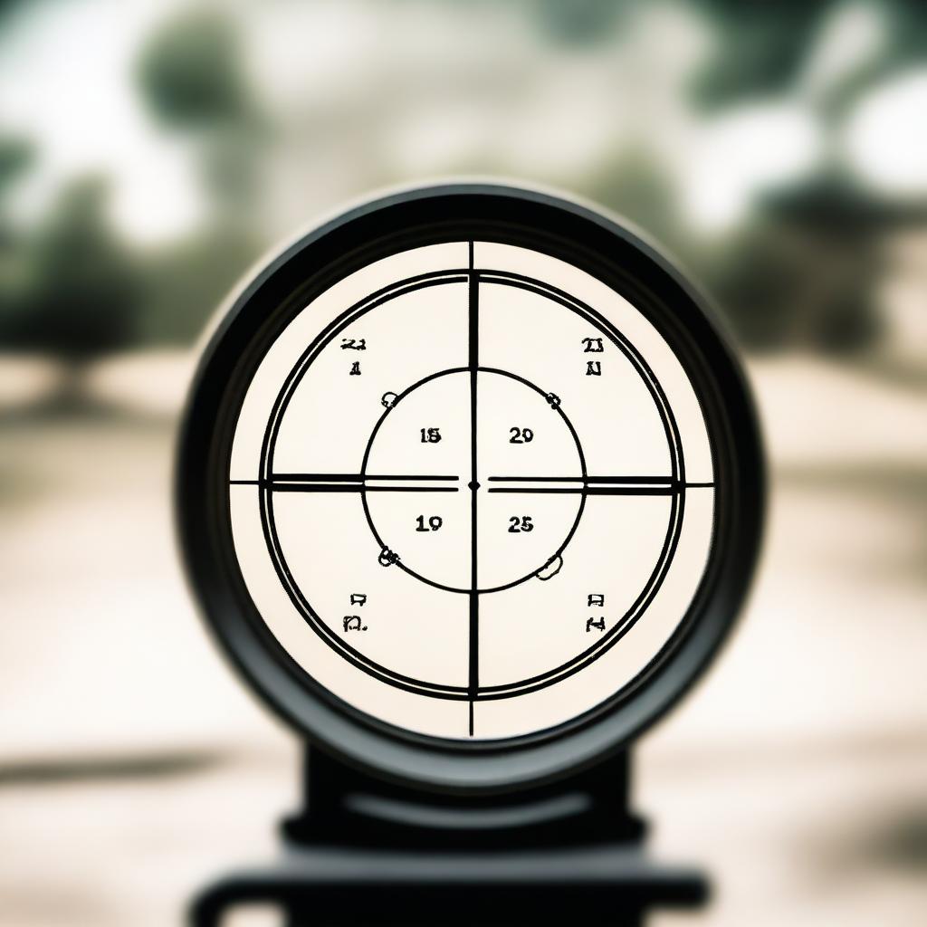 A detailed view of a gun sight, focusing on the crosshairs and aiming mechanism