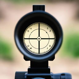 A detailed view of a gun sight, focusing on the crosshairs and aiming mechanism