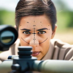 A detailed view of a gun sight focusing on a woman's head