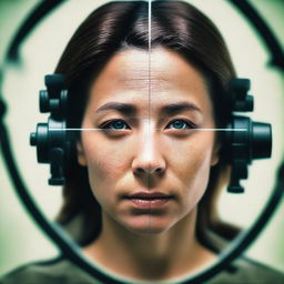 A detailed view of a gun sight focusing on a woman's head