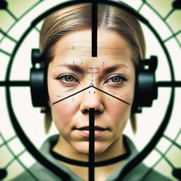 A detailed view of a gun sight focusing on a woman's head