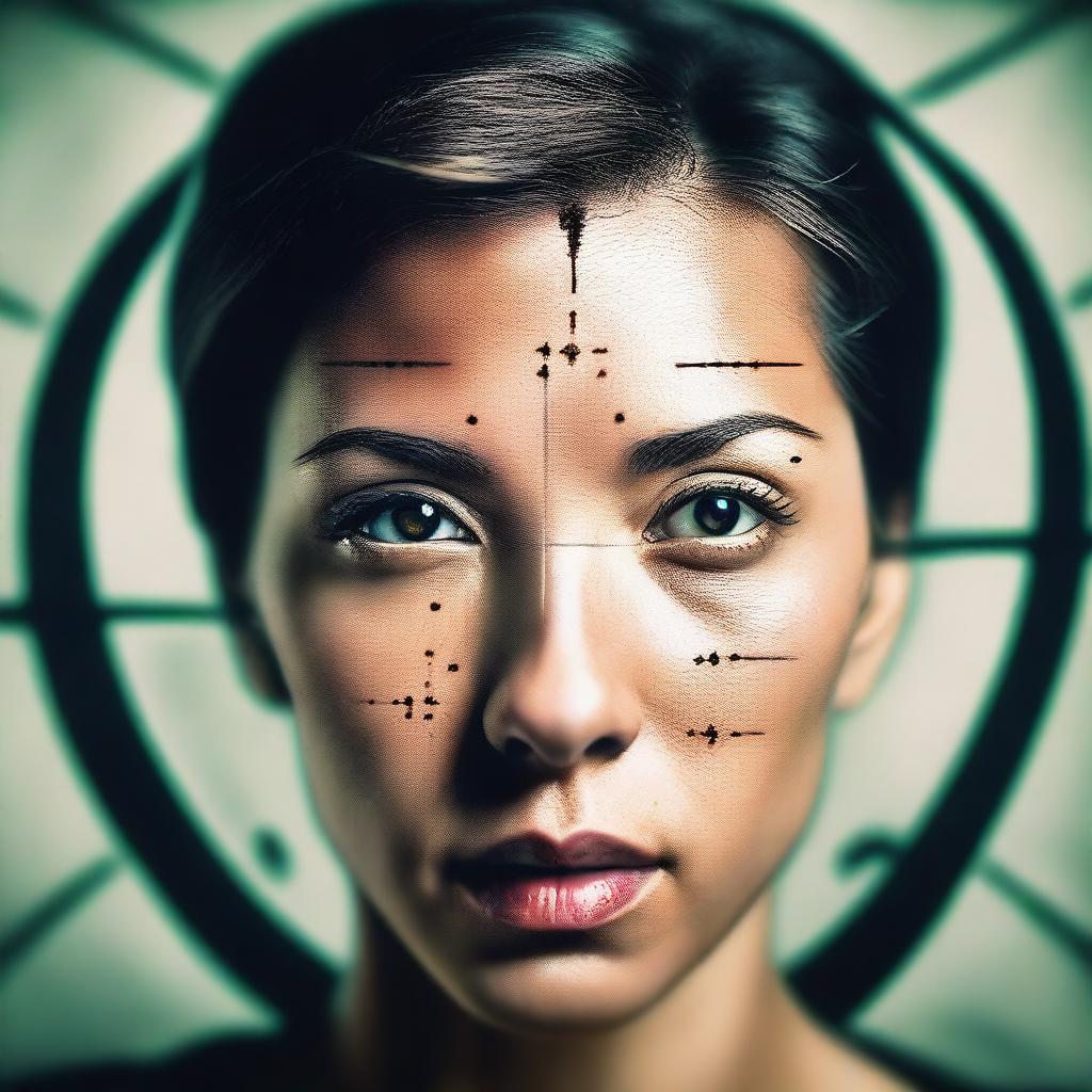 A detailed view of a gun sight focusing on a woman's head