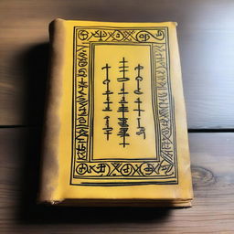 An ancient spellbook bound in yellow leather, with intricate designs and runes etched into the cover