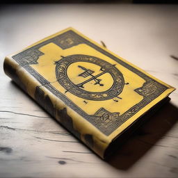 An ancient spellbook bound in yellow leather, with intricate designs and runes etched into the cover